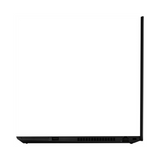 A side view of an open, thin black Lenovo ThinkPad T15 G2 i7 1165G7 business laptop shows the edge of its 14" touch screen, base, and ports against a white background. The display is perpendicular to the keyboard.