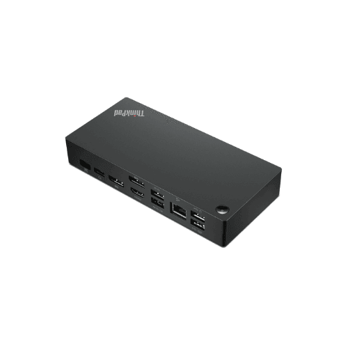 The Lenovo ThinkPad Universal USB-C Dock 40AY (refurbished) by Lenovo is a black rectangular device shown on a white background, featuring multiple USB, HDMI, and Ethernet ports. Includes adapter. Compatible with most USB-C notebooks.