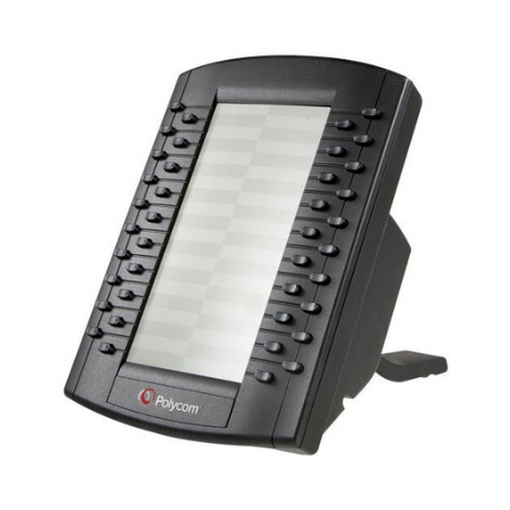 The Polycom VVX Expansion Module 2201-46300-001 (NEW IN BOX) offers 28 programmable buttons in two columns beside a central display, angled on a built-in stand—ideal for advanced call management.