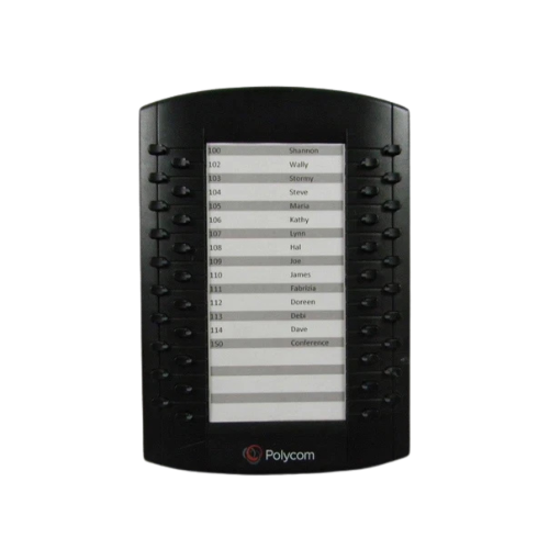 The Polycom VVX Expansion Module 2201-46300-001 by Polycom features 14 labeled buttons per side of its display, showing contacts and extensions—making it an ideal call management solution. The Polycom logo appears at the bottom. NEW IN BOX.