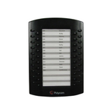 The Polycom VVX Expansion Module 2201-46300-001 by Polycom features 14 labeled buttons per side of its display, showing contacts and extensions—making it an ideal call management solution. The Polycom logo appears at the bottom. NEW IN BOX.