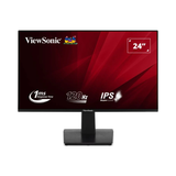 A ViewSonic VA2448 24" IPS monitor showcases its 1920x1080 Full HD display, 1ms response time, and HDMI/VGA ports, all highlighted against a bold red background.