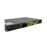 A rear view of the Cisco WS-C2960X-24TD-L 24-port Gigabit 2 x 10G SFP+ Switch by Cisco shows multiple ports, vents, a power connector, and various labels against a plain white background.