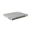A silver Cisco Catalyst 3850 WS-C3850-48F-S enterprise switch from Cisco with 48 Gigabit PoE ports and dual 1100W power, certified refurbished and rack-mountable, shown flat and rectangular against a white background.