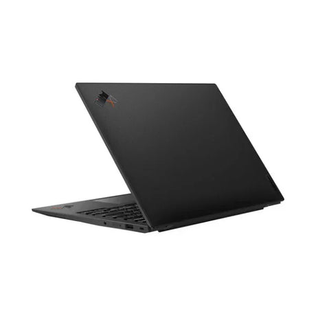 A certified refurbished Lenovo ThinkPad X1 Carbon G10 i7 1255U 1.7GHz, 16GB RAM, 512GB SSD, and 14" display in sleek black is partially open from the back left, showcasing its textured surface, ports, keyboard, and top-corner logo.