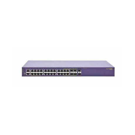 A certified refurbished Extreme Networks X440-G2-24P-10GE4 PoE+ 24-Port Managed Switch by Extreme Networks is shown against a white background, featuring 24 Ethernet ports and additional front panel ports in a purple casing.