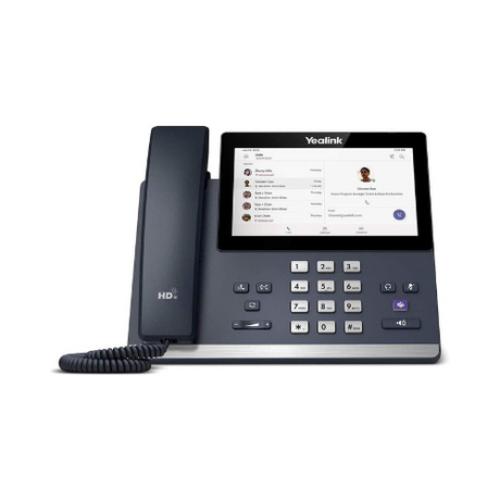 The certified refurbished Yealink MP56 Zoom IP desk phone features a 7 touchscreen display, Android OS, numeric keypad, function buttons, and a left-side handset with coiled cord. Includes warranty.