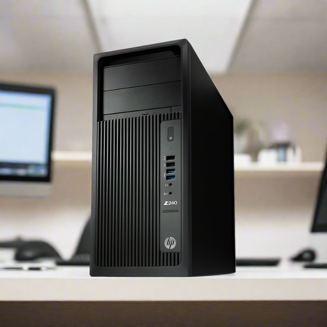 A certified refurbished HP Z240 i7 7700k desktop with 32GB RAM, 512GB SSD + 1TB, and P2000 graphics sits on a white office desk, blurred monitors and keyboard in the background.