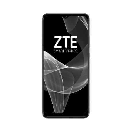 A front view of the black ZTE Blade A51 32GB 2GB RAM Unlocked 4G Dual SIM Smartphone with a curved-edge display shows the ZTE logo. This certified refurbished device has a sleek design with power and volume buttons on the right.