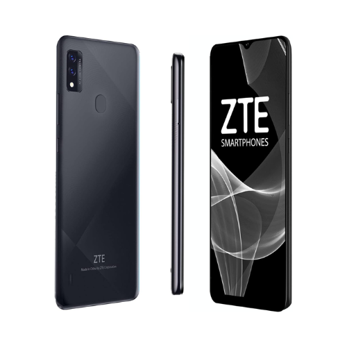 Three views of the black ZTE Blade A51 32GB 2GB RAM Unlocked 4G Dual SIM Smartphone: dual rear cameras and fingerprint sensor, sleek side, and front with ZTE logo and "SMARTPHONES" on the display.