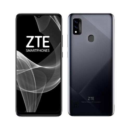 Front and back view of the black ZTE Blade A51 32GB 2GB RAM Unlocked 4G Dual SIM Smartphone; front shows a ZTE display, while back features dual cameras, fingerprint sensor, and ZTE branding.