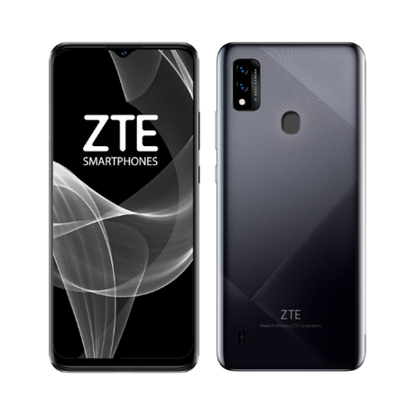 Front and back view of the black ZTE Blade A51 32GB 2GB RAM Unlocked 4G Dual SIM Smartphone; front shows a ZTE display, while back features dual cameras, fingerprint sensor, and ZTE branding.