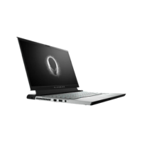 An Alienware M15 R2 gaming laptop with a 15.6" 240Hz display, backlit keyboard, and visible side ports is open and angled left, showing a glowing alien head logo on the screen. It features an i7 9750H CPU, 16GB RAM, and RTX 2070 graphics.