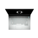 Top view of the Alienware M15 R2, a silver 15.6" gaming laptop with black keyboard and large touchpad, partially open with dark screen and glowing ring—powered by RTX 2070 for ultimate performance.