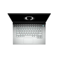 Top view of the Alienware M15 R2, a silver 15.6" gaming laptop with black keyboard and large touchpad, partially open with dark screen and glowing ring—powered by RTX 2070 for ultimate performance.