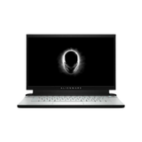 A silver Alienware M15 R2 gaming laptop with a black screen showing a glowing alien head logo, viewed from the front against a white background. Specs: i7 9750H, 16GB RAM, 1TB SSD, RTX 2070, 15.6" display.