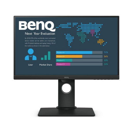 A BenQ BL2480T 23.8 IPS 1920x1080 monitor displays market share statistics, bar charts, and a world map under the heading Next Year Evaluation. This certified refurbished unit comes without a stand.