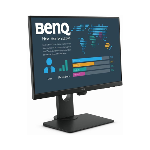 A BenQ BL2480T 23.8 IPS 1920x1080 monitor displays charts, graphs, and a world map under “Next Year Evaluation” on a plain white background. This certified refurbished unit comes from BenQ and is offered without a stand.