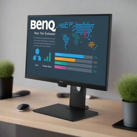 A BenQ BL2480T 23.8 IPS monitor (1920x1080, HDMI/VGA/DP, no stand) displays a dashboard with graphs, user stats, and a world map. A mouse, keyboard, and potted plants are arranged on the wooden desk.