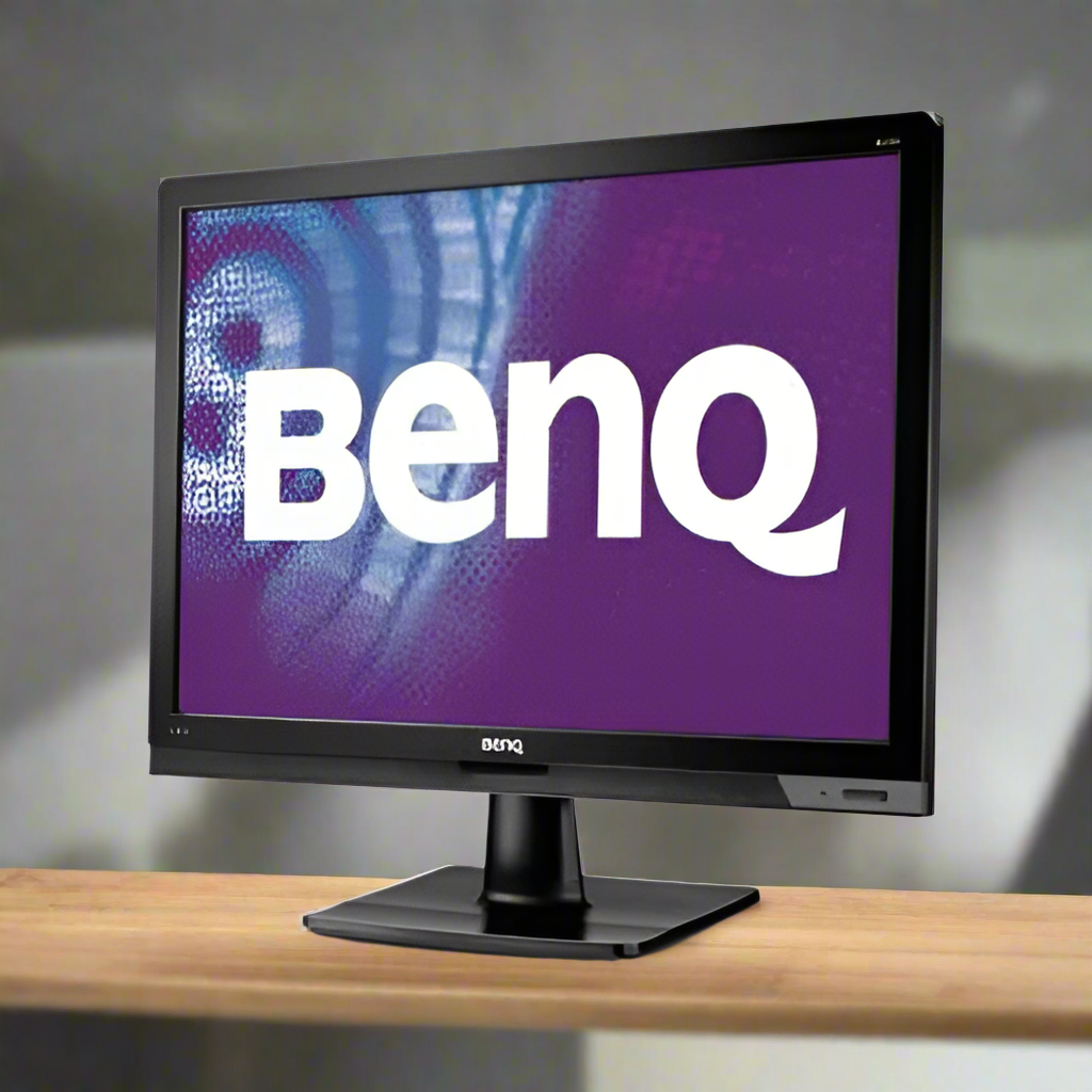 The BenQ BL2201 22 16:10 1680x1050 LCD Monitor with DVI and VGA sits on wood, screen glowing purple with the white BenQ logo. This Certified Refurbished monitor stands out against a softly blurred background.