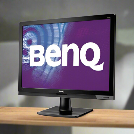 The BenQ BL2201 22 16:10 1680x1050 LCD Monitor with DVI and VGA sits on wood, screen glowing purple with the white BenQ logo. This Certified Refurbished monitor stands out against a softly blurred background.