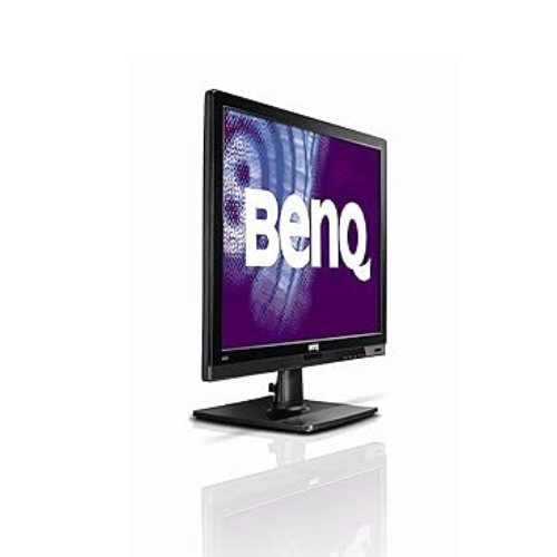 A Certified Refurbished BenQ BL2201 22 16:10 LCD Monitor with a black frame is shown angled left on a black stand, displaying a purple screen with the white BenQ logo, set against a white background.