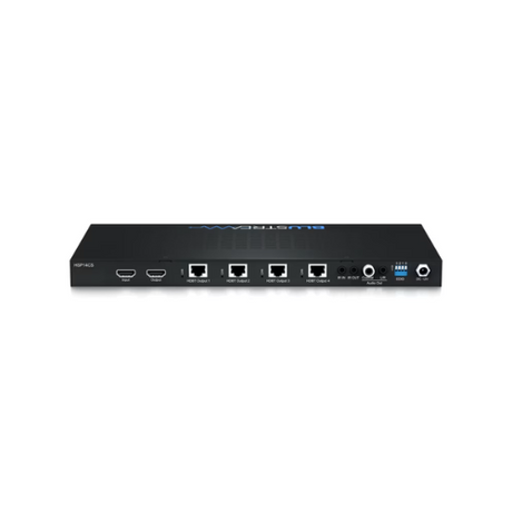 The Blustream HSP14CS 4K HDMI to 4-Way HDBaseT Splitter by Bluestream is a black professional AV device with multiple Ethernet and HDMI ports, audio jacks, control ports, and labeled buttons on the rear, shown on a white background.