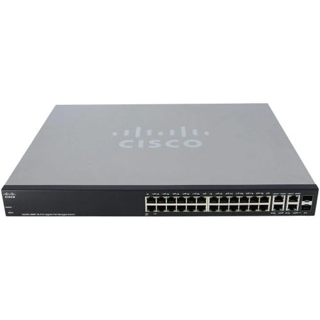 Cisco SG300-28P 28-Port Gigabit PoE Refurbished Network Switch - Front Ports and LEDs
