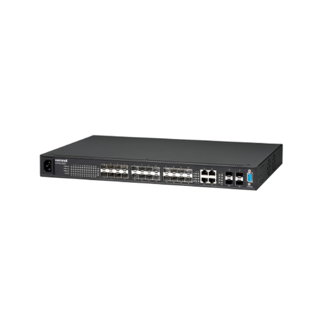 A Comnet CWGE28MS 28-Port SFP Gigabit L2+ Managed Switch is displayed on a white background, featuring multiple Ethernet ports, SFP slots, indicator lights, and a front-facing power input.