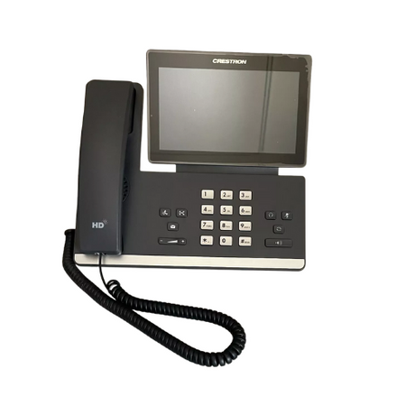 The Crestron UC-PHONE 7" VoIP Phone HD Audio PoE features a touchscreen display, numeric keypad, corded handset, and multiple function buttons. This enterprise device is branded by Crestron and shown on a white background.