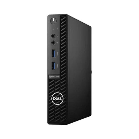 This certified refurbished black Dell OptiPlex 3080 USDT desktop features an Intel Core i5-10500T 2.3GHz processor, 16GB RAM, 256GB SSD, Windows 11 Pro, and visible front USB ports, audio jacks, power button, and Dell logo.