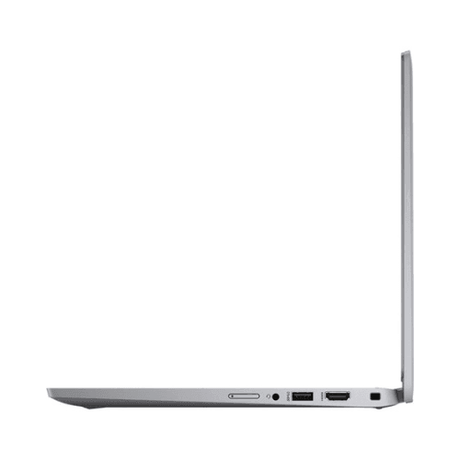 A slim, silver Dell Latitude 5320 (i5 1145G7, 16GB RAM, 256GB SSD, 13.3 W11P) is open at a right angle from the left side, highlighting its thin profile and multiple ports like USB, HDMI, and a card slot.