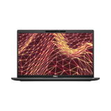 A Certified Refurbished Dell Latitude 7430 i5 laptop displays a screen with a digital pattern of red and yellow interconnected lines and nodes on a dark background. Brand: Dell. Specs: 16GB RAM, 256GB SSD, LTE, 14", W11P.