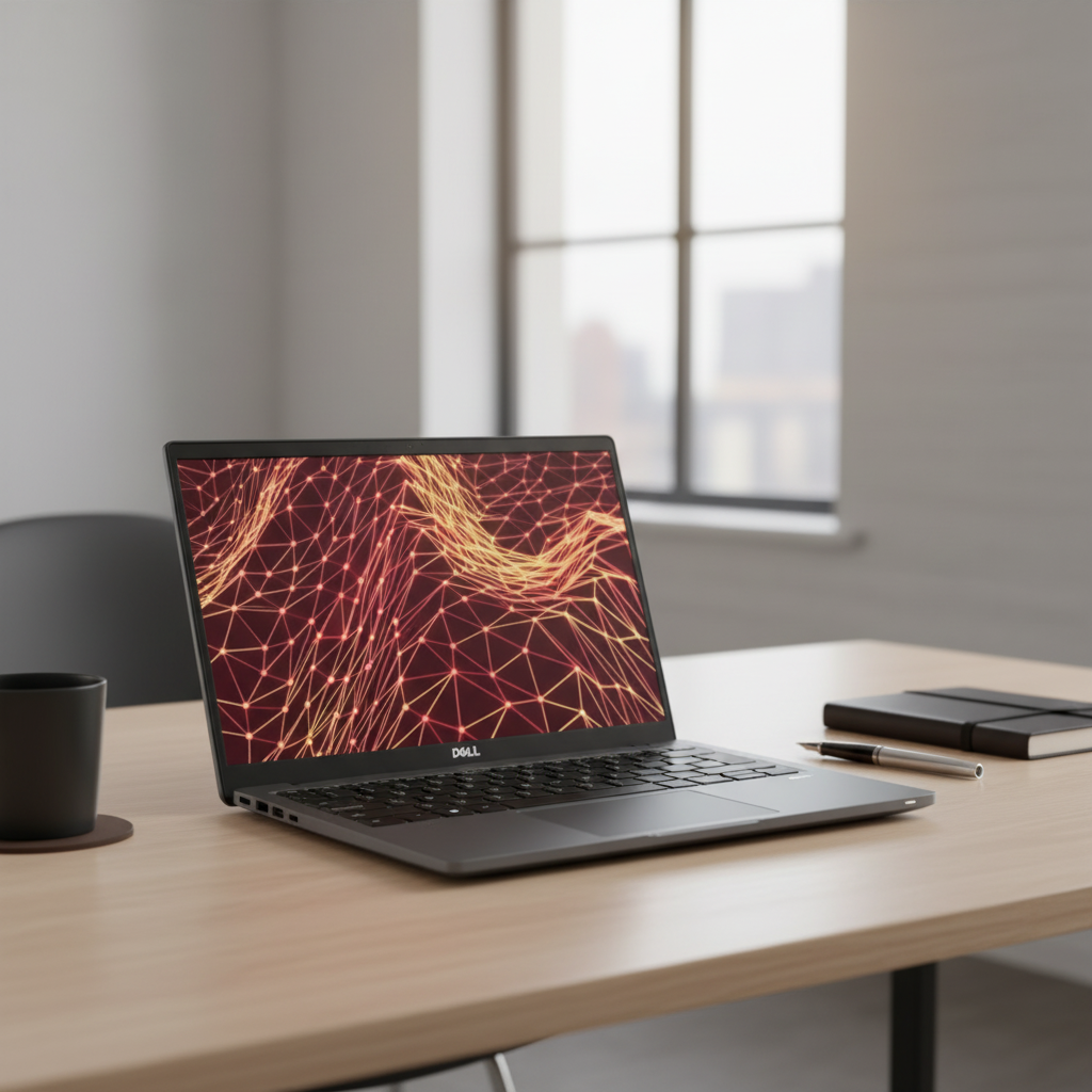 A Certified Refurbished Dell Latitude 7430 i5 1235U 16GB 256GB LTE laptop displays a vivid red and yellow geometric pattern on its screen as it sits on a wooden desk in a modern office with large windows.