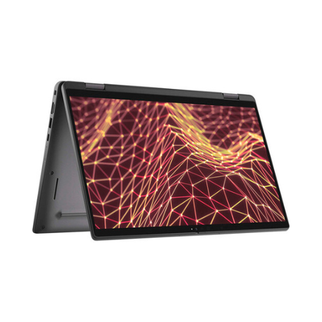 A certified refurbished Dell Latitude 7430 2-in-1 with a 12th Gen Intel Core i7-1265U, 16GB RAM, and 256GB SSD is shown in tent mode, displaying a red and yellow geometric wireframe on its 14" touch screen.