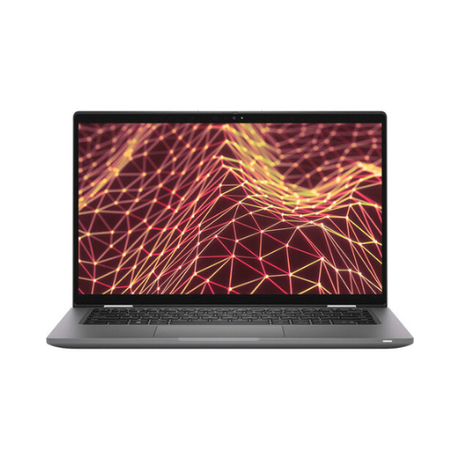 A gray certified refurbished Dell Latitude 7430 2-in-1 14" Touch laptop, powered by 12th Gen Intel Core i7-1265U, 16GB RAM, 256GB SSD, displays a colorful geometric pattern on its screen, set against a white background.