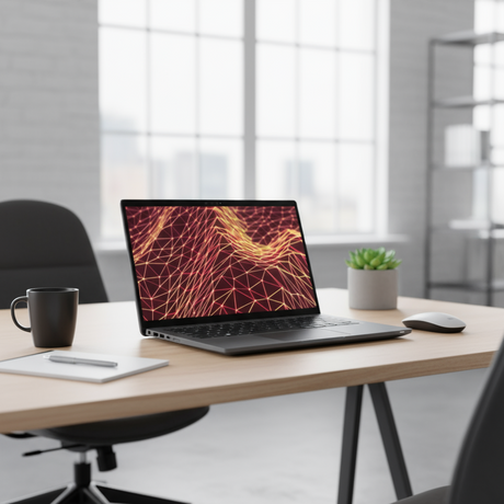 A certified refurbished Dell Latitude 7430 2-in-1 (i7 1265U, 16GB RAM, 256GB SSD, 14" Touch, W11P) is open at an angle on a plain white background, displaying a geometric red and yellow wireframe pattern on its screen with several side ports visible.