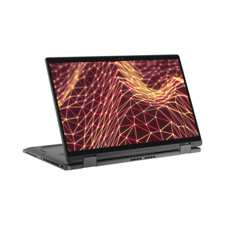 A Dell Latitude 7430 2-in-1 (i7 1265U, 16GB, 256GB SSD, 14" Touch) in tent mode displays vibrant geometric lines, showcasing the versatility and performance of this certified refurbished Dell laptop.