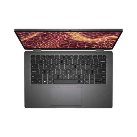 A top-down view of a certified refurbished Dell Latitude 7430 2-in-1 with a black keyboard and a 14" touch display showing orange and yellow lines, featuring a 12th Gen Intel Core i7, centered on a white surface.