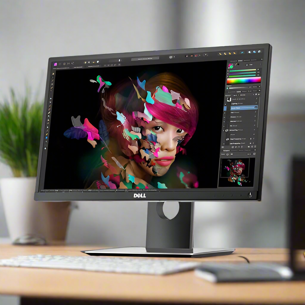A Dell P2317H 23 IPS monitor displays digital artwork of a womans face with vibrant abstract shapes in photo editing software, set on a desk.
