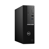 A refurbished Dell OptiPlex 5090 SFF PC with Intel i5-10500, 8GB RAM, 128GB NVMe SSD, and Windows 11 Pro is shown from an angle displaying its front panel ports, audio jacks, power button, and optical drive.
