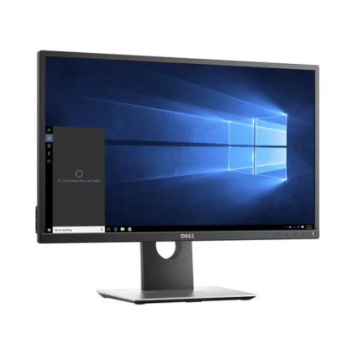 A refurbished Dell P2417H IPS 24 1920x1080 monitor shows the Windows 10 desktop with the Cortana search bar open on the left, placed against a white background. Monitor shown does not include a stand.