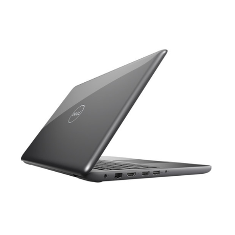A partially open black Dell Inspiron 15 5567 laptop with the Dell logo on the lid and multiple left-side ports, featuring an Intel i5-7200U processor, 8GB RAM, 1TB HDD, and a 15.6" display.