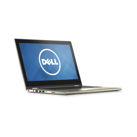 A Dell Inspiron 7359 2-in-1 laptop (i5-6200U, 8GB RAM, 256GB SSD, 13.3" Touch) is open and powered on, showing the Dell logo on a blue screen. The silver device displays its keyboard and side ports against a white background.