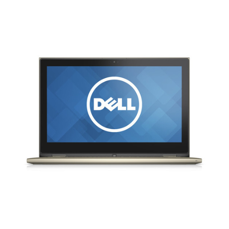A certified refurbished Dell Inspiron 7359 2-in-1, featuring a 13.3" touchscreen, Intel i5-6200U, 8GB RAM, and 256GB SSD, is shown from the front with its screen on and displaying the Dell logo on a blue geometric background.