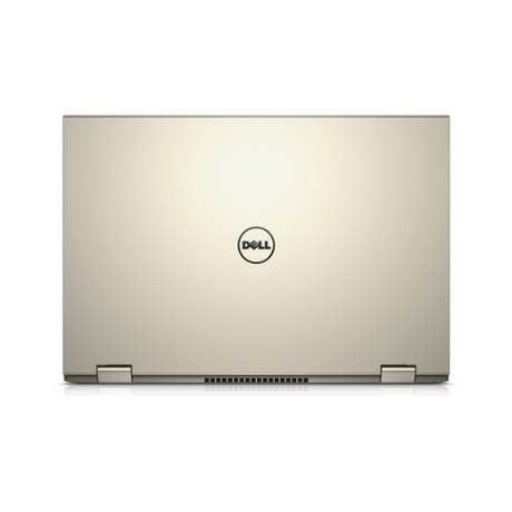 A closed gold Dell Inspiron 7359 2-in-1 i5-6200U laptop is shown from the back, displaying the Dell logo at the center and two hinges at the bottom.