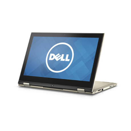 A certified refurbished Dell Inspiron 7359 2-in-1 i5-6200U, 8GB RAM, 256GB SSD, and 13.3" touchscreen laptop shown in tent mode with a blue Dell logo screen on a white background; some ports and keyboard edge visible.