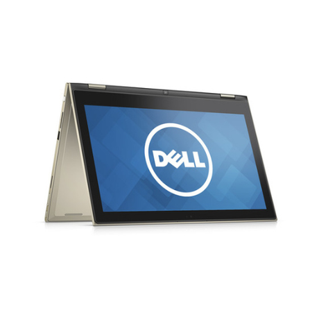 A certified refurbished Dell Inspiron 7359 2-in-1, featuring a slim design, Intel i5-6200U, 8GB RAM, 256GB SSD, and a 13.3" touchscreen in tent mode with the Dell logo on display.