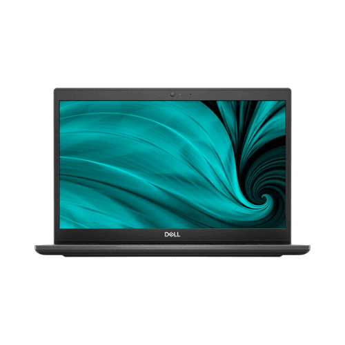 A refurbished Dell Latitude 3420 i5 1135G7 laptop with 32GB RAM, 512GB SSD, and Windows 11 Pro is shown from the front with a teal abstract swirl on its 14