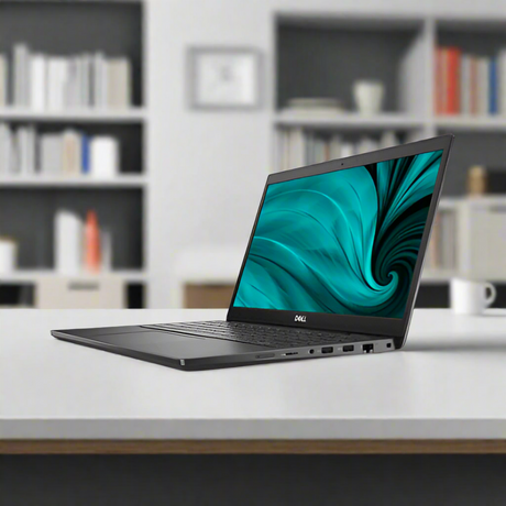 A black refurbished Dell Latitude 3420 (i5-1135G7, 32GB RAM, 512GB SSD, 14", Windows 11 Pro) is open at an angle with a teal abstract swirl on its screen. Side ports are visible and it's set against a plain white background.
